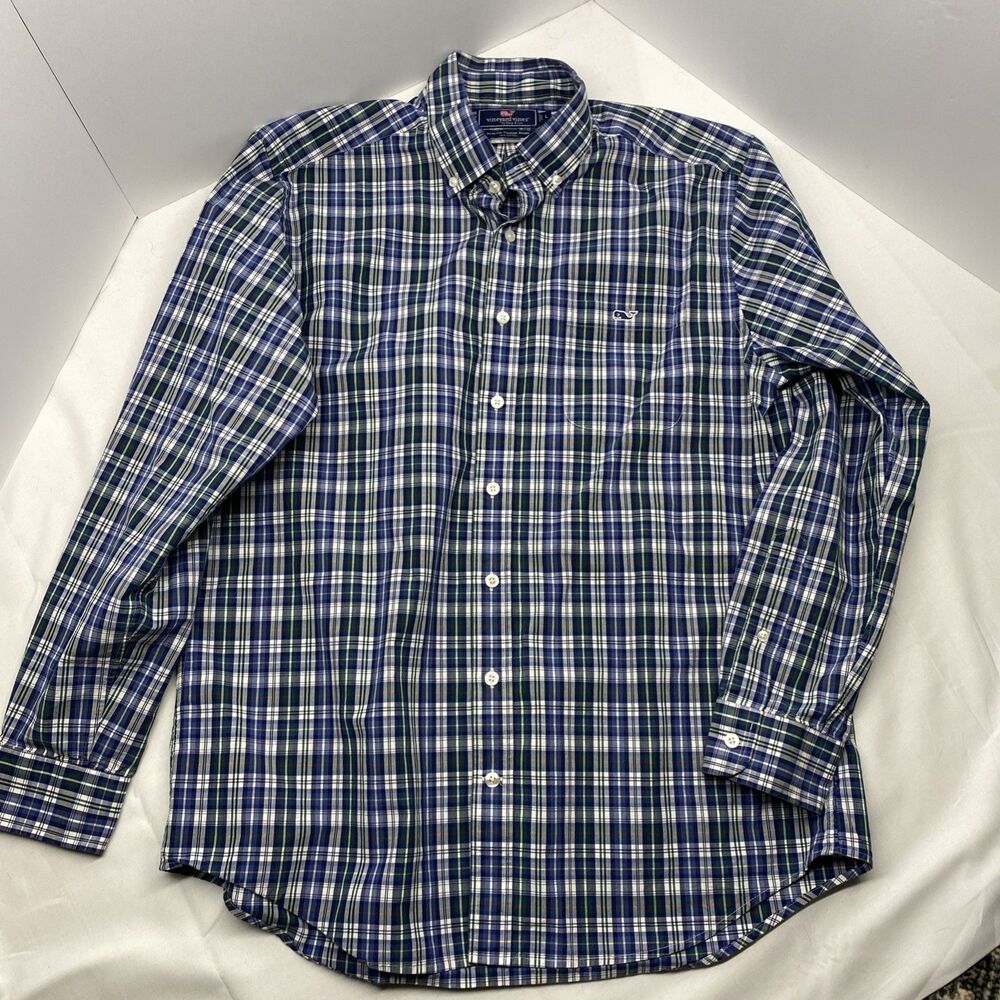 Vineyard Vines Tucker Shirt Men’s Large Blue Green Plaid Button Down Whale Logo